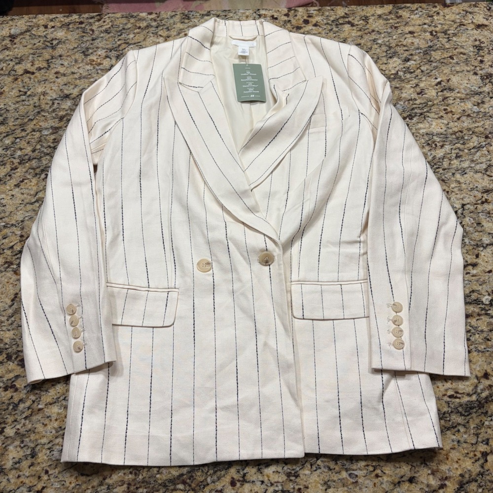 NEW HM Conscious Linen Blend Pinstripe Double Breasted Blazer Cream Black S ws